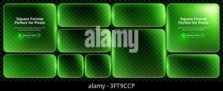 Glass neon green with text box 3d and icon light rectangle. Frame glow button with web ui red and digital sign game. Design tech square with vector bl Stock Vector