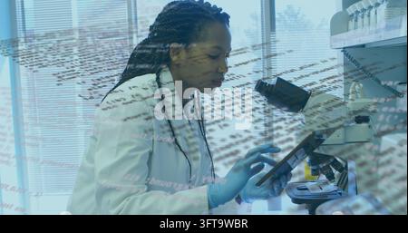 Examining sample at lab bench, scientist in lab coat and blue glove using microscope. Laboratory, researcher, tablet, data, analytics, precision, inst Stock Photo