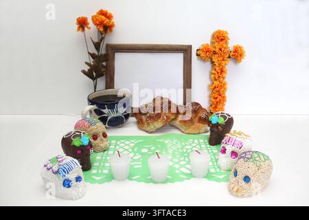 Sweet in the shape of a skull made of sugar, chocolate and amaranth as ...