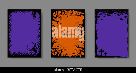Halloween set frame card collection, spooky borders with creepy flying Bats, spider and dead branches. Purple and orange festive backgrounds Stock Vector