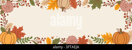 Autumn foliage and pumpkin horizontal frame banner vector illustration. Stock Vector