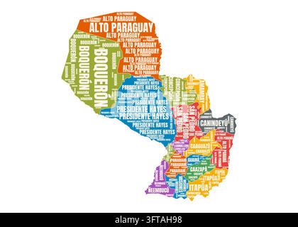 A creative typographic map of Paraguay featuring administrative states filled with repeated state names in distinct bold colors. Stock Vector