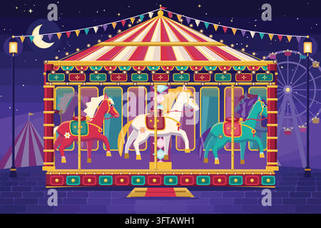 Illustrated night fairground carousel with ornate horses under a striped canopy, with a crescent moon, Ferris wheel and bunting. Stock Vector