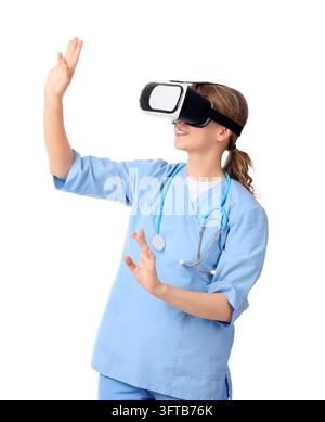 Medical training and virtual reality simulation, nurse using vr headset for healthcare education and surgical practice in a clinical environment Stock Photo