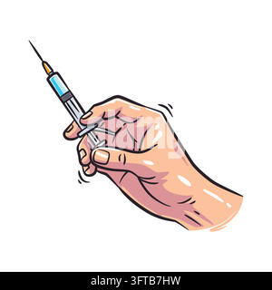 Colorful hand-drawn vector illustration featuring a human hand holding a medical syringe filled with vaccine fluid. Ideal for vaccination campaigns, i Stock Vector