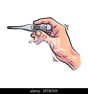 Expressive vector artwork depicting a human hand holding a modern digital clinical thermometer. Excellent for fever check concepts, pediatric care blo Stock Vector