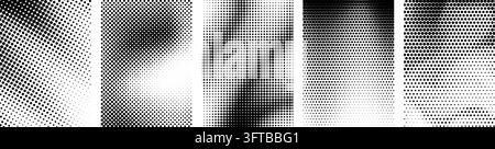 Black and white comic halftone poster cover set. Dotted grain template overlay collection. Grunge gradient texture bundle. Retro pixelated bitmap backdrop pack. Gritty sand noise frames. Vector Stock Vector