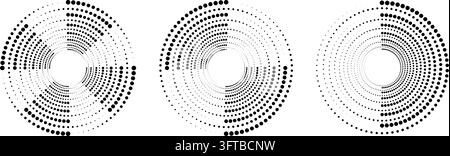 Dotted concentric swirl and spiral set. Halftone radial speed line collection. Dynamic dot line elements for logo, print, poster, template, icon, banner. Vector spinning circle sound wave shapes Stock Vector