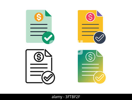 Set of paid invoice and approved bill document icons featuring dollar sign badges, text lines, folded corners, and checkmark verification symbols. Ide Stock Vector