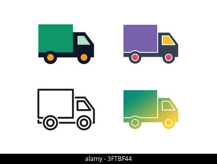 Set of delivery truck and cargo vehicle icons representing commercial shipping, freight logistics, parcel transport, fast order dispatch, and supply c Stock Vector