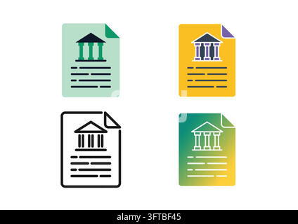 Set of financial document and banking statement icons featuring a classic institution building emblem, text lines, and a folded corner. Ideal for bank Stock Vector