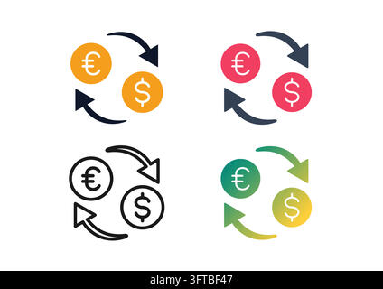Set of currency exchange icons depicting Euro and US Dollar coins with circular rotation arrows, symbolizing global transfer, forex trading, and money Stock Vector