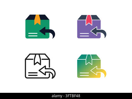 Set of return package icons featuring a shipping box paired with a curved return arrow, representing order returns, parcel exchange, refund process, a Stock Vector