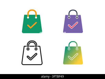 Set of shopping bag icons featuring loop handles and verification checkmark symbols, indicating successful purchases and completed orders. Ideal for e Stock Vector