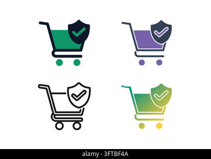 Set of secure shopping cart icons featuring a protective shield with a verification checkmark, representing safe online checkout, purchase protection, Stock Vector