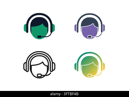 Set of customer service agent icons wearing headsets with microphones, representing call center support, online helpdesk assistance, client consultati Stock Vector