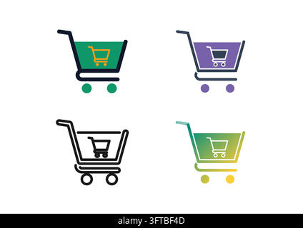 Set of retail shopping cart icons featuring nested trolley graphics, wheels, and vibrant color gradients. Perfect for ecommerce checkout interfaces, o Stock Vector
