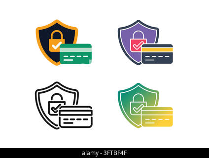 Set of secure payment icons combining a credit card, protection shield, and locked padlock with a verification checkmark. Perfect for e-commerce check Stock Vector