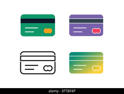 Set of credit card and debit card icons featuring magnetic stripes and chip elements, representing plastic money, electronic payment, banking transact Stock Vector