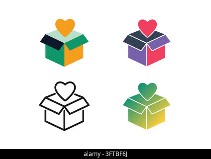 Set of donation box icons featuring an open package with a heart floating above, representing charity contributions, voluntary giving, social care pac Stock Vector