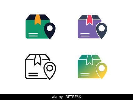 Set of package location icons featuring a shipping box paired with a map pin marker, representing delivery tracking, parcel destination, shipment arri Stock Vector