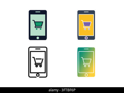 Set of mobile shopping icons displaying a shopping cart on a smartphone screen, representing mobile commerce, online marketplace apps, digital retail Stock Vector