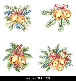 Christmas set of spruce branches with round jingle bells and red bows ...