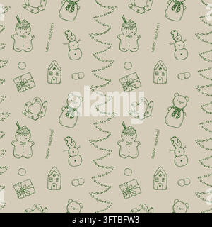 Christmas Seamless Pattern with Snowmen, Gifts, Garland and Hot Cocoa Stock Vector