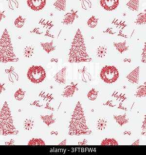 Christmas Seamless Pattern with Christmas Trees, Wreaths and Bows Stock Vector