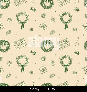 Christmas Seamless Pattern with Wreaths and Letters to Santa Stock Vector