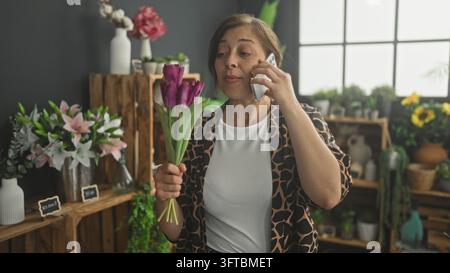 Woman florist holds purple tulips and phone to ear in studio arranging bouquet and smiling; friendly small business warmth. Stock Photo