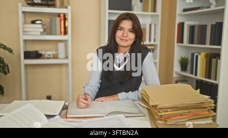 Woman in school uniform writing with pen on an open book at a desk, right hand on page and pile of folders nearby in building; concentration study. Stock Photo