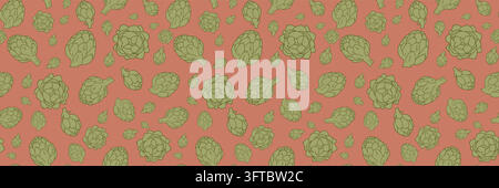 Whimsical Hand Drawn Artichoke Seamless Pattern on Terracotta Stock Vector