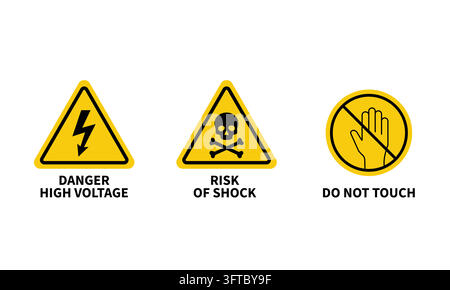 Safety warning sign set featuring high voltage and danger symbols for industrial facility compliance and equipment Stock Vector