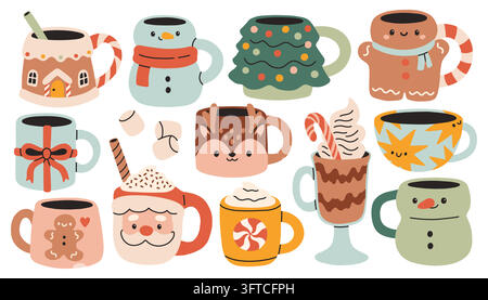 Cute Christmas mugs set featuring gingerbread house, snowman, Santa, reindeer, and hot chocolate with marshmallows in flat vector style. Perfect for Stock Vector