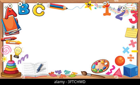 Educational cartoon border featuring school supplies, numbers, and copy space on a whiteboard. Stock Vector