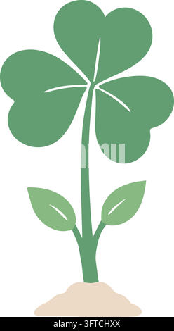Flat illustration of a green three leaf clover on a tall stem with two lower leaves growing from a small mound of soil Stock Vector