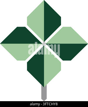 Flat illustration of a stylized four leaf clover made from dark and pale green geometric diamond sections with a straight gray stem Stock Vector