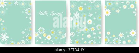 Set of four vertical layouts featuring flowers. Spring-themed cards in unified style for greetings, welcomes, advertising. Delicate floral backgrounds Stock Vector