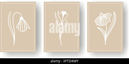 Silhouettes of white flowers on beige background. Set of floral posters. Wall decor with floral theme. Greeting cards featuring hand-drawn wildflowers Stock Vector