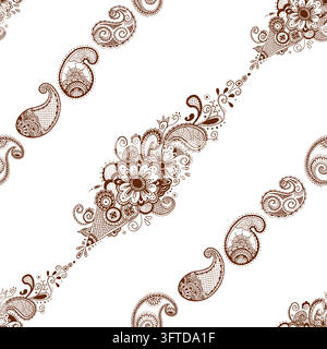 Paisley seamless pattern design with Mehndi Henna tattoo Indian concept background. Motifs brown repeat graphic ornate. Line art vector hand drawn Stock Vector