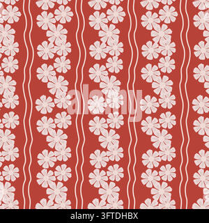 Daisy Stripe with Wavy Lines in Red Stock Vector