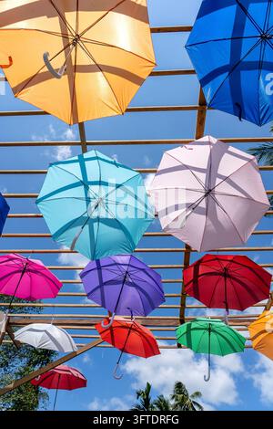 Street decorated with colored umbrellas, island Koh Phangan, Thailand. Hanging colorful umbrellas, on the outdoors Stock Photo