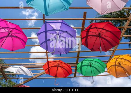 Street decorated with colored umbrellas, island Koh Phangan, Thailand. Hanging colorful umbrellas, on the outdoors Stock Photo