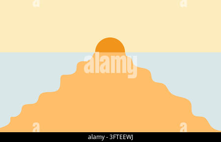 Golden sun peeks over gentle sand dune. Soft pastel sky blends with calm horizon. Simple design evokes peace and quiet. Stock Vector