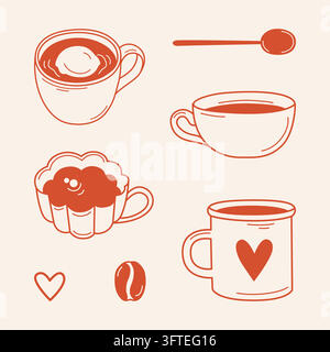 Coffee drinks set, cups of coffee with ice cream, espresso, americano, spoon and coffee bean hand-drawn isolated illustrations in cozy line art style Stock Vector