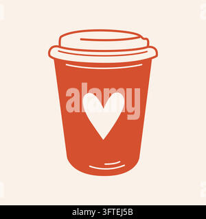 Takeaway coffee paper cup with heart hand-drawn isolated illustration in cozy line art style for cafe or coffee shop branding, packaging, menu Stock Vector