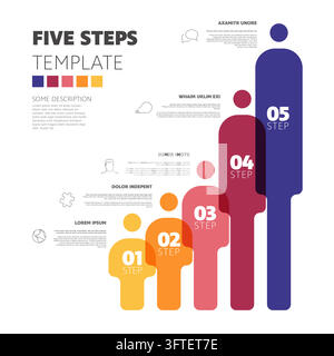 This five steps infographic template visualizes business growth with human figures. Use this versatile infographic to illustrate team development step Stock Vector