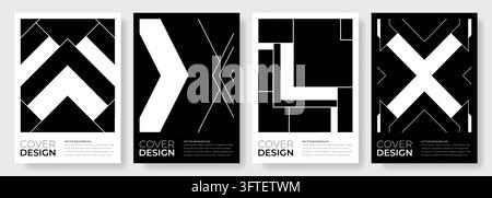 High contrast collection of four monochrome cover templates combining oversized chevrons, sharp diagonal lines, intersecting forms and rectangular Stock Vector
