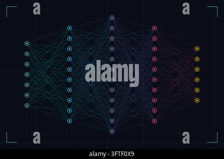 Deep Learning Multi-Layer Neural Network Topology Vector - Artificial intelligence deep neural network architecture illustrating input nodes, three hi Stock Vector